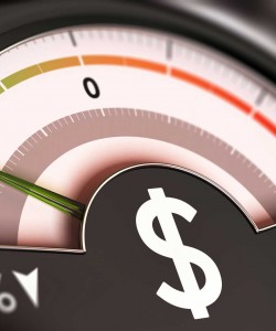 A photo of a speedometer with the dollar sign instead of mph / kmh.